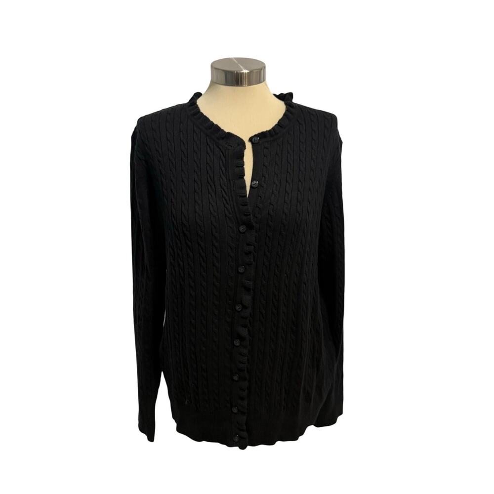 Eddie Bauer Cable Knit Cardigan Size 2XL Black | Ruffle Trim | Button Front NWOT